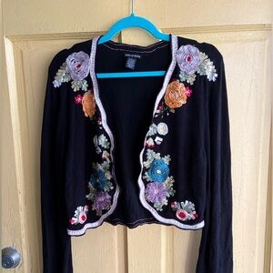 Embroidered Floral Open-Front Black Women's Cardigan